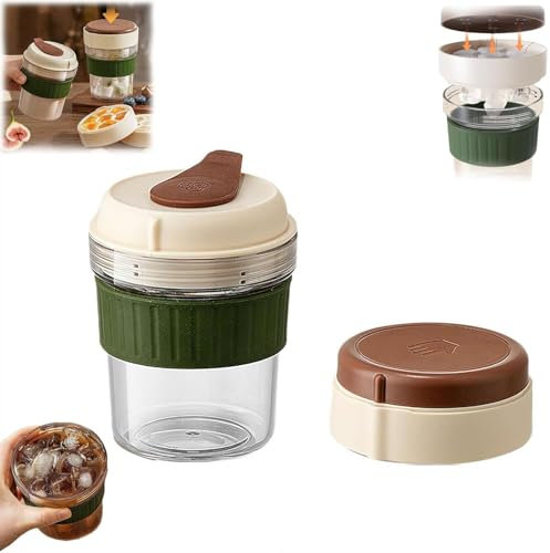 Iced Coffee Cup with ice tray, 2 in 1 Touch-Free Iced Cube Cup with Lids, Portable Ice Cube Water Coffee Cups for Coffee Juice and Beverages,Easy Press to Release Vertical Ice Cube (1 ice tray)