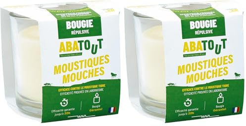 ABATOUT - Bougie Répulsive Anti Moustiques et Mouches - Au Géraniol - Non Odorante - Jusqu'à 20h d'utilisation - 100 g (Lot de 2)