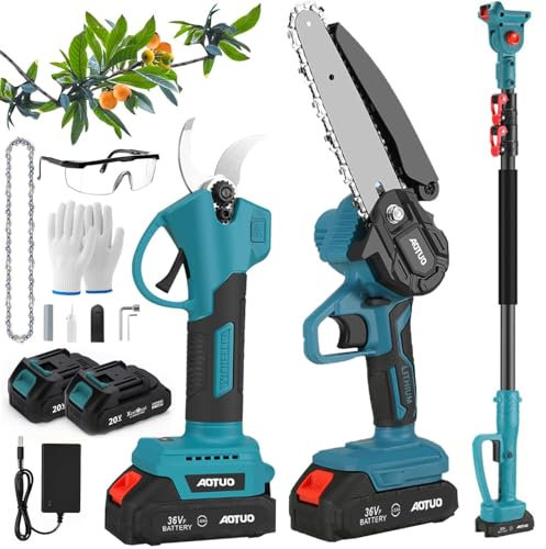 3 En 1 Sécateur électrique Sans Fil Avec 1.25-2.2m Perche Telescopique, 600W Secateur a Batterie Telescopique, Secateur Electrique Avec 2 Batterie 3.0ah, Coupe Branche Avec Lames SK