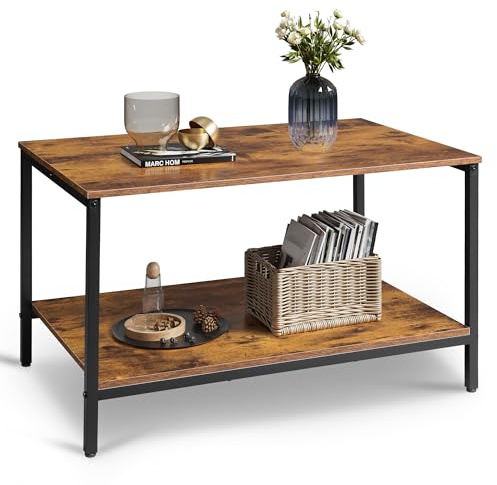 WLIVE Kleiner Couchtisch fürs Wohnzimmer, 80 cm Wohnzimmertisch mit Ablage und Metallrahmen, 2-Stufiger Coffee Table für Kleine Räume, Balkon, Büro, Rustikales Braun