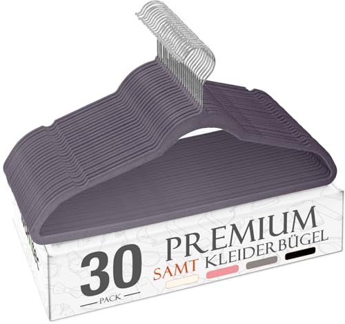 Wohntec Kleiderbügel Samt 30 Stück - Kleiderbügel Platzsparend, Bügel rutschfest und Belastbar, 360° Drehbar Hangers - für Hemden, Anzüge, Pullover, Hosen, Grau