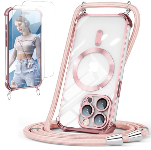 GOODVISH Handykette für iPhone 15 Pro Max Hülle mit Band Magnetisch, Rosé | mit 2 Stück Schutzfolie, mit Kamera Schutz, Necklace Handyhülle mit kette für 15 ProMax 6,7, Transparent 360° Schutz Case