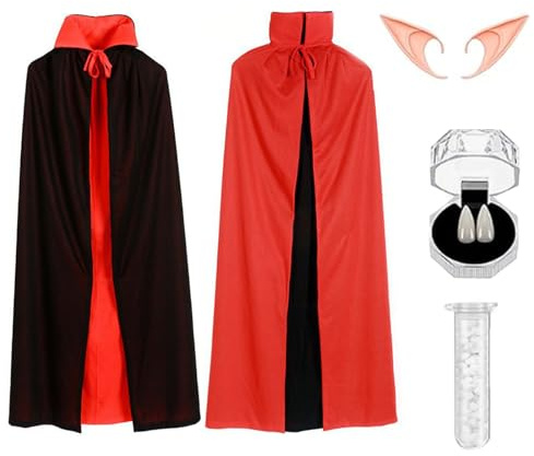 XUDUOO Halloween Vampire Cloak Capes, 150CM Red Cloak Capes with Fake Ears Fake Teeth, Halloween Costumes for Adult or Kids Men Women, Masquerade Party Cosplay Costumes for Party Fancy Dress (3PCS)