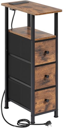 LOAKEKEL Slim Bedside Table with Charging Station, Narrow Side Table with 3 Fabric Drawers, Small Sofa Table with Open Storage Shelf, Nightstand for Small Spaces, Living Room, Brown UHETNDP03BR-1