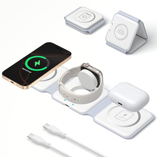 Mag-Safe Ladestation iPhone Wireless Charger, 3 in 1 Faltbare Induktive Ladestation Kabelloses Ladegerät für iPhone Air 17 16 15 14 13 12 Pro Max,Travel Charging Station Für Apple Watch& Air Pods