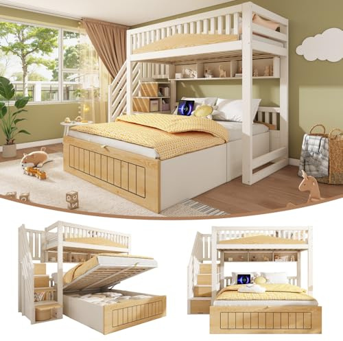 Hmluxury Weiß & Natur Etagenbett für Kinder mit hydraulischem Stauraum, Treppenschrank, Sicherheitsgeländer, USB-C Anschluss, versetztes Familienbett 90x200 cm & 140x200 cm, ohne Matratze