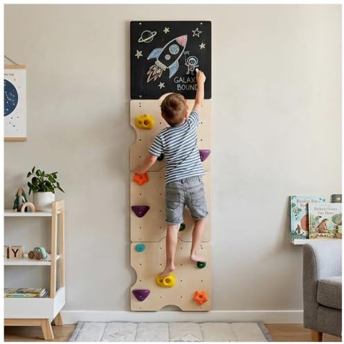 kidi house Kletterwand aus Holz für Kinder mit 15 Klettergriffen | Montessori Kletterwand für Kinder drinnen mit Zeichentafel, vorgebohrte Muttern, Heimfitnessstudio, Kinderspielzimmer