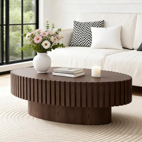 Generisch Ovaler Couchtisch Holz Wohnzimmertisch Klein 110cm Kaffeetische | Mid-Century-Modern Stil, Geriffelter OberfläChe, Elliptischer Beistell Mitteltisch Apartments Kleine Räume