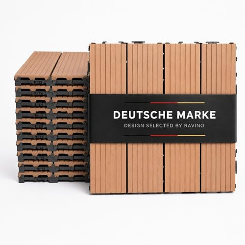 Ravino TerraKlick WPC Klickfliesen Braun | 11 Stück 30x30cm, 1m², gerillt | Warmes Braun gerillt, Klicksystem, wetterfest, Balkonfliesen, Terrassenfliesen & Outdoor Bodenbelag für Balkon & Garten