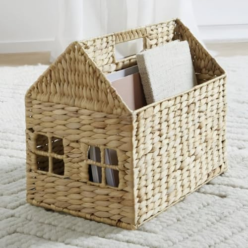 Dekoleidenschaft Zeitungsständer Haus aus Wasserhyazinthe geflochten, natur, 36x22x30 cm, Zeitschriftensammler, Treppenkorb