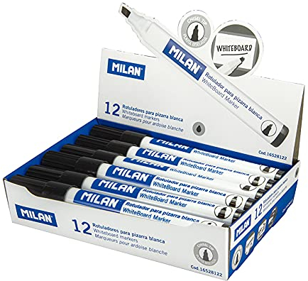 Milan 16528122 Whiteboard-Marker, trocken abwischbar, Keilspitze, Schwarz, 12 Stück