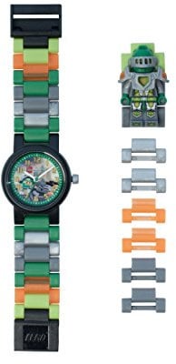 LEGO Nexo Knights 8020523 Aaron Kinder-Armbanduhr mit Minifigur und Gliederarmband zum Zusammenbauen, grün/orange, Kunststoff, Gehäusedurchmesser 28 mm, analoge Quarzuhr, Junge/Mädchen, offiziell