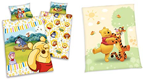 Geschenkset: Disney Winnie The Pooh Flanell Bettwäsche 40x60 + 100x135cm + Flanell Flausch Babydecke 75x100cm