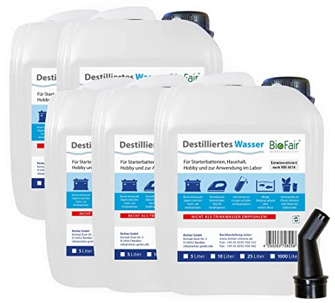 BioFair 25 Liter (5 x 5L Kanister) Destilliertes/demineralisiertes Wasser nach VDE 0510