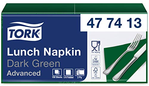 Tork 477413 Soft Lunchservietten Dunkelgrün / 3lagige, saugfähige Papierservietten in Grün / Vielfältig verwendbar / Advanced Qualität / 10 x 150 Servietten (1500) / 32,6 x 33 cm (B x L) / 1/4-Falz