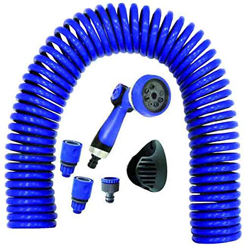 Suinga. Manguera de riego en espiral Helicoidal 15 metros. Manguera jardin reforzada color azul. Incluye accesorios y soporte pared. Pistola multifunción 8 posiciones.