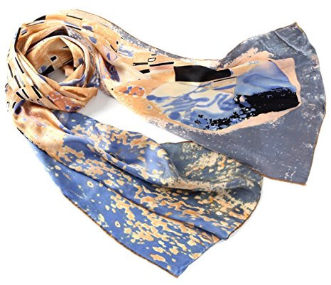 Prettystern Femme 160cm D´art Tableau Peinture Imprimé Echarpe Foulard en Soie Klimt le Baiser en Bleu Gris Doré P918