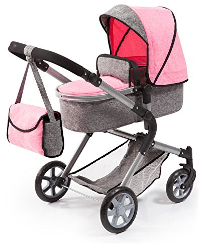 Bayer Design 18125AA Puppenwagen City Neo mit Wickeltasche und Einkaufskorb, umwandelbar in einen Sportwagen, höhenverstellbar, modernes Design, rosa, grau, 52cm