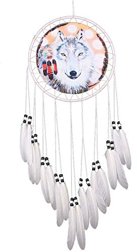 Homieco Dream Catcher Craft handgefertigte Fantastische Wolf Wand hängen Ornament Dekor natürliche Feder Dreamcatcher Wolf Muster Dekoration für Schlafzimmer, Autos 7,87 Zoll Durchmesser x 28lang