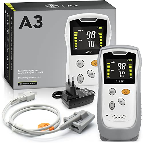 AIESI® Saturimetro da dito Palmare professionale con display a colori e sonda anti-movimento per adulti A3, estremamente preciso, Batteria al litio, Guscio di protezione, Garanzia Italia 24 mesi