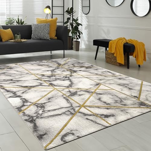 Paco Home Teppich Wohnzimmer Kurzflor Modernes Marmor Design Geometrisch Grau Gold, Grösse:120x170 cm