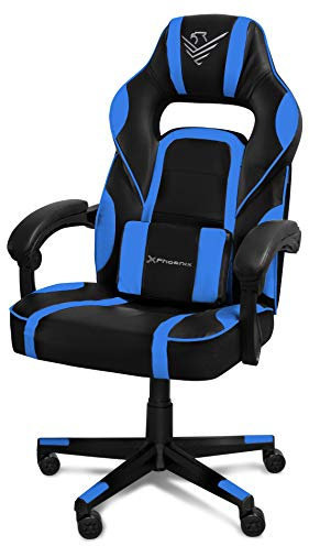 Phoenix Technologies - Silla Gaming y Oficina | Respaldo Reclinable 15° | Altura Ajustable | Reposabrazos Acolchados | Soporte Lumbar | Ruedas 360°, Azul, Poliuretano