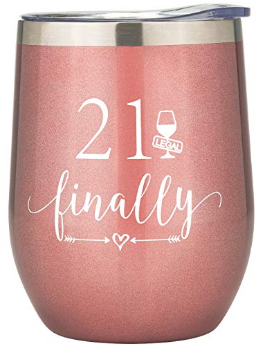 Crisky Rose Gold 21 & Finally Vacuum Insulated Tumbler for Girl 21st Birthday Gifts Funny Ideas for Girlfriend, Sister, Friends, Daughter, Her Wine Glass, Coffee Cup/Mug 12oz, with Box, Lid and Straw