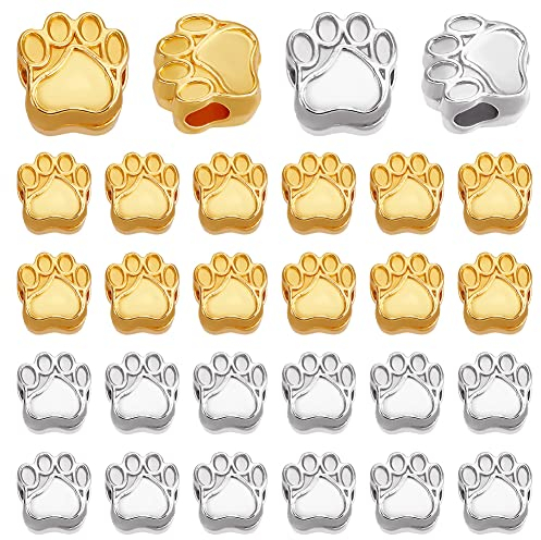 PandaHall 60pcs Dog Paw Prints Perlen, Europäische Perlen Tierbär Katze Hund Pfote Fußabdruck Perlen Doggy Puppy Paw Lose Perlen Großlochperlen Für Halskette Armband Crafts(Antik Silber & Golden)
