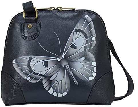 Anna by Anuschka Damen Women's Leather Small Zip-Around Handbag, Multi Compartment Anuschka Organizer aus echtem Leder, klein, mit Mehreren Fächern, handbemalt, Schmetterlings, Butterfly Schwarz