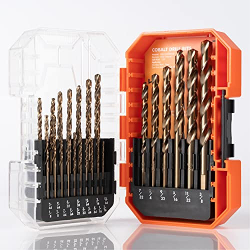 AMOOLO Cobalt Drill Bit Set 23Pcs (1/16-3/8), M35 High Speed Steel Metal Drill Bits Jobber Length for Hardened Metal, Stainless Steel, Cast Iron, Plastic and Wood