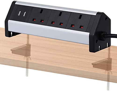Desk Power Socket with 2 USB, 3 UK Plug and 2 Mount Clamp, Desktop Clamp Power Socket for Office Kitchen Worktop, 1.9 M Extension Cable