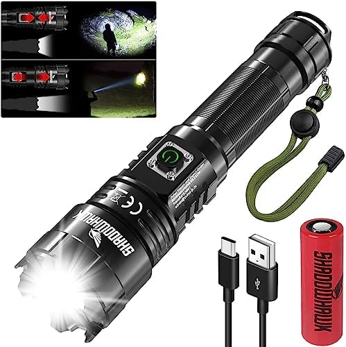 Shadowhawk Torcia LED Potente Professionale, Ricaricabile Torce Led Alta Potenza 500000 Lumen XHP70.2, Torcia Tattica Militare, IP67 Impermeabile flashlight per Campeggio Trekking Emergenza