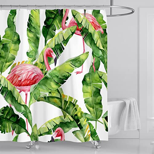 OCEUMACO Rideau de Douche Anti Moisissure Motif Feuille de Banane Vert Flamant Rose Rideau Douche Tissu Imperméable Polyester 120x180 cm Plante Jungle Tropical Original Rideaux Baignoire