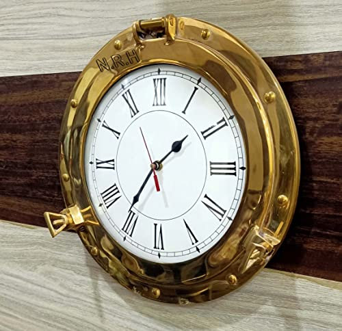 Marine Brass Wall Clock Decorative Nautical Decor Gift Clock for Living Room, Modern, Bedroom, Office (12 inches, Brass)