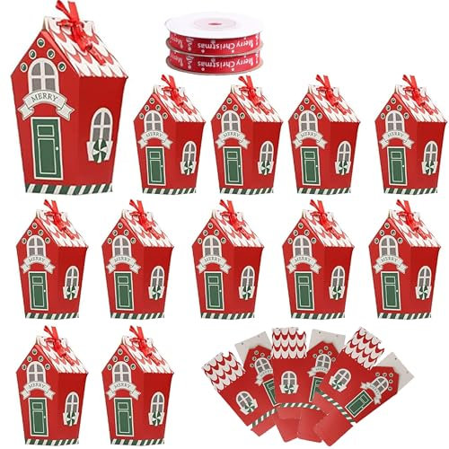 12 Stück Geschenkbox Weihnachten Mit 9m Band, Schachtel, Geschenksäckchen, SüßIgkeiten Boxen, Plätzchen Karton für Hochzeit (Rot)