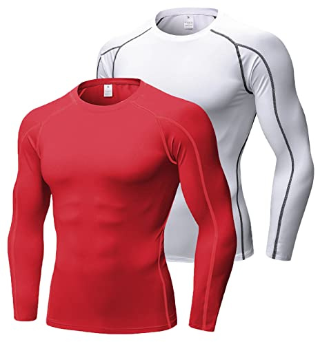Men's Compression Shirts Long Sleeve, Base-Layer Quick Dry Workout T Shirts Sports Running Tops, 2pcs, Red, White, S