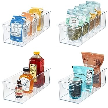 iDesign 4-Piece Recycled Plastic Pantry and Kitchen Storage, Freezer, and Fridge Organiser Bins with Easy Grip Handles - Clear