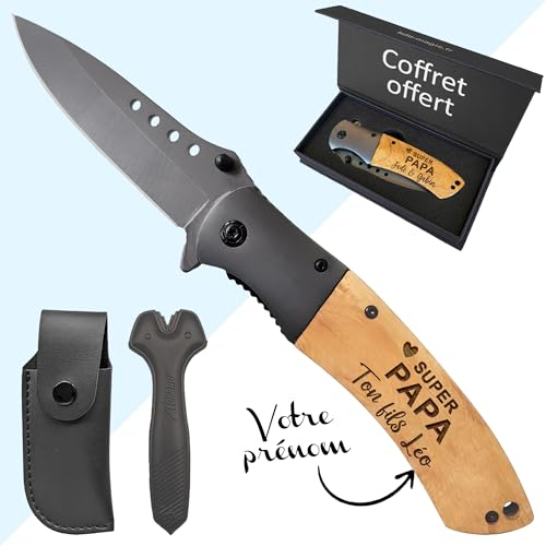 KDO MAGIC - Couteau de survie personnalisé - Prénom gravé - Lame de sécurité personnalisable - Manche en bois gravé - Cadeau Saint-Valentin - Idée cadeau homme, papa, anniversaire (Modèle Poisson)