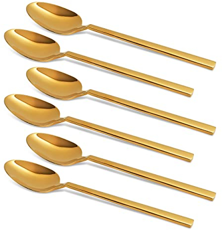 CAMRI Gold Dessert Spoons , Stainless Steel Table Spoons Set of 6 , Dinner Spoons with Gold Mirror Finish 20 cm / 8 in (C62 G - 6 Pcs)