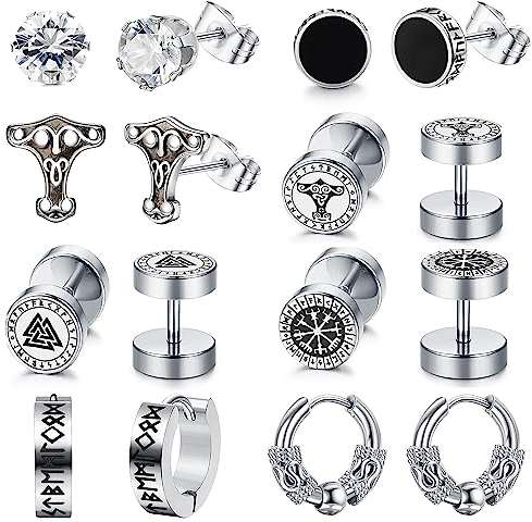 MILACOLATO Edelstahl Ohrringe Herren Set,8 Paar Wikinger Ohrringe für Herren Damen Klassisches Silber Schwarz Ohrstecker Wikinger Kleine Creolen Nordischer Punk Wikinger Schmuck für Männer Silber