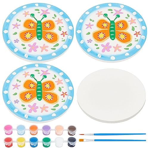 WEBEEDY Adultes Peignez et Décorez Vos Propres Mini Assiettes en Céramique Artisanat et Arts de la Peinture en Céramique, 3 assiettes en Céramique, Peintures 12 couleur et 2 pinceaux(10.3cm)