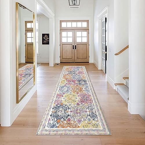 Enyhom Alfombra de Pasillo de 75 x 243 cm de Largo, Lavable, Peluda, Suave, Antideslizante, Vintage, Bohemio, Cocina, baño, Entrada, Dormitorio, Escalera, Colorido