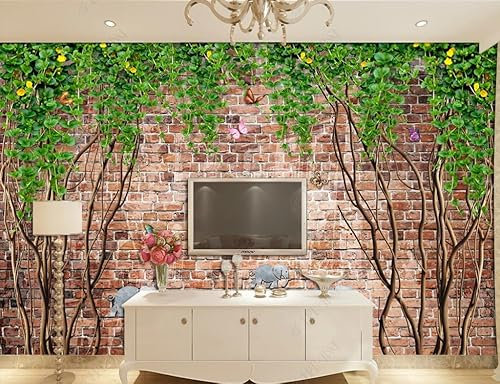 Papier Peint Panoramique 3D Vigne De Mur De Briques Papier Peint Intissé Trompe L Oeil Déco Mural Tableaux Muraux Photo 300Cm(W)*210Cm(H)