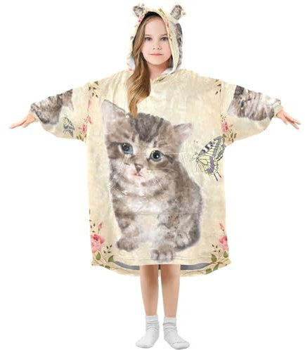 YOUJUNER Kinder Übergroße Decke Hoodie, Retro Katze Druck Warme Fleece Hoodie Decke Plüsch Tragbare Decke Hoodie Sweatshirt Pullover für Jungen Mädchen, mehrfarbig, 8 Jahre Große Größen