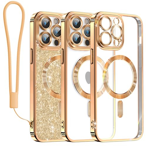 Meifigno Clear Hülle Kompatibel mit iPhone 14 Pro Max, [Kompatibel mit Magsafe][Glitzer Karte & Handschlaufe] Kameraschutz Transparent Case für iPhone 14 Pro Max 6,7’’ Frauen Mädchen, Messing Gold
