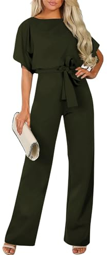 Sweezarmo Damen Elegante Halbe Ärmel Laterne Ärmel Jumpsuit Mit Gürtel Weites Bein Hose Jumpsuit XL X-Large Grün