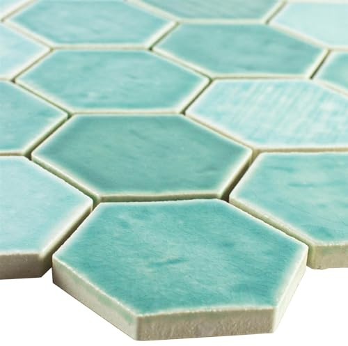 Keramik Mosaikfliese Roseburg Hexagon Glänzend Türkis