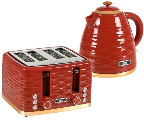 HOMCOM Kettle and Toaster Sets, 3000W 1.7L Rapid Boil Kettle & 4 Slice Toaster with 7 Browning Controls, Defrost, Reheat and Crumb Tray, UK Otter Thermostat, Red