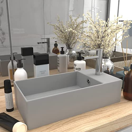 FOZICV Badezimmer-Waschbecken mit üBerlauf Grau 48x25x15 cm Keramik Bad Möbel Modern Aufsatzwaschbecken mit überlauf Aufsatzwaschtisch Waschbecken Rechteckig Washbasin Lavabo Bathroom Sink