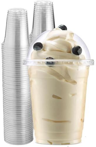 Prieto Larrey - Vasos batido reutilizables con tapa (Pack 50) - Vasos plástico reciclables- Vasos transparentes con tapas abovedadas - Ideal para batidos, jugos y bebidas frías (350 ml)